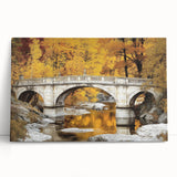 Stretched canvas artwork depicting a serene landscape bridge scene, showcasing vibrant greens and blues, perfect for home decor and nature enthusiasts.