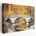 Stretched canvas artwork showcasing a vibrant landscape bridge scene, featuring lush greenery and a serene waterway, perfect for enhancing home decor.