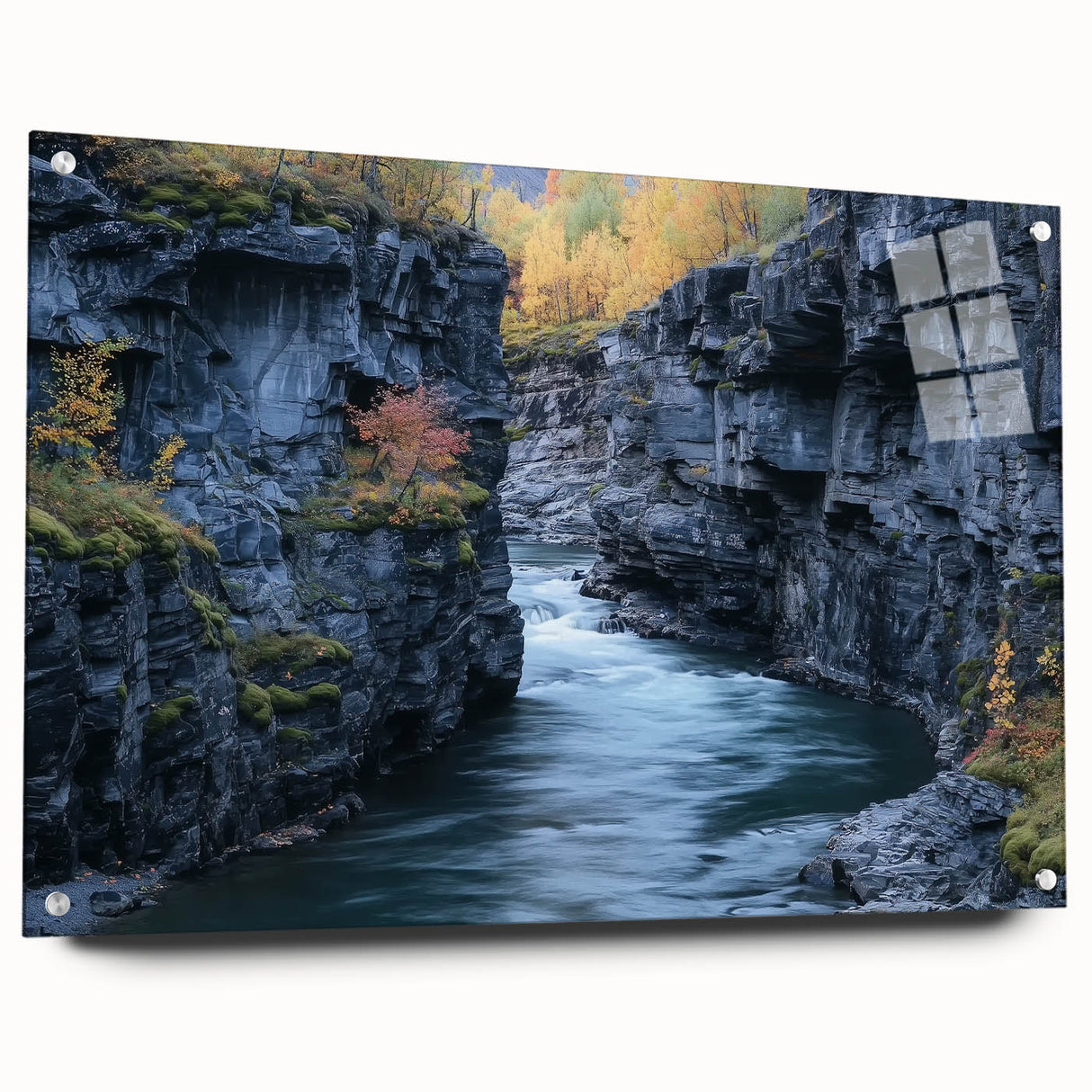 Acrylic landscape art piece depicting colorful canyons, displayed in a side view with decorative pins on a modern wall. Perfect for enhancing home decor with a vibrant touch.