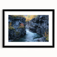 Framed landscape artwork showcasing a scenic canyon view, highlighted with a sleek black mat and modern frame, perfect for home decor. Ideal for nature enthusiasts.