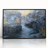 Framed acrylic artwork depicting a stunning landscape of canyons, showcasing rich earthy tones and intricate textures, perfect for home decor enthusiasts.