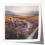 Landscape countryside wall art print featuring vibrant green fields, rolling hills, and a serene sky, presented in a glossy finish, ideal for home decor.