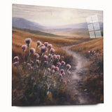 Landscape wall art print showcasing a serene countryside scene, displayed in an acrylic glass frame from a side view, emphasizing vibrant colors and intricate details.