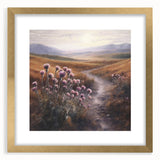 Gold-framed landscape wall art showcasing a serene countryside scene with lush green fields and a blue sky, perfect for home decor enhancement.