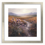 Landscape wall art featuring vibrant countryside scenery, framed with a silver mat, showcasing rolling hills and a serene sky, perfect for home decor.
