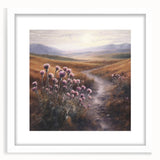 Landscape wall art frame showcasing a serene countryside scene with vibrant greens and soft blues, featuring a white mat for an elegant presentation.