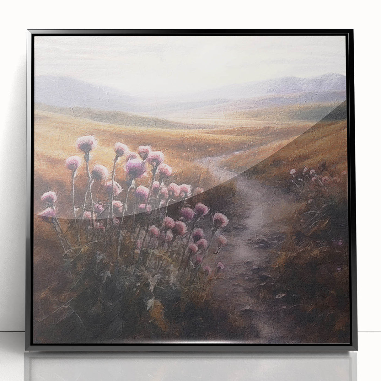 Framed acrylic wall art showcasing a serene countryside landscape, featuring lush green fields and a clear blue sky, with a sleek black frame enhancing its elegance. Perfect for home decor.