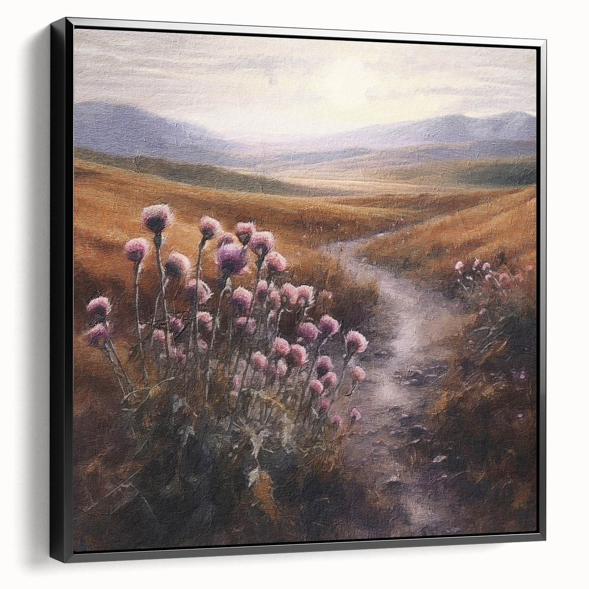Framed canvas wall art depicting a serene countryside landscape with lush greenery and a tranquil sky, showcased in a sleek black frame from a side view perspective.