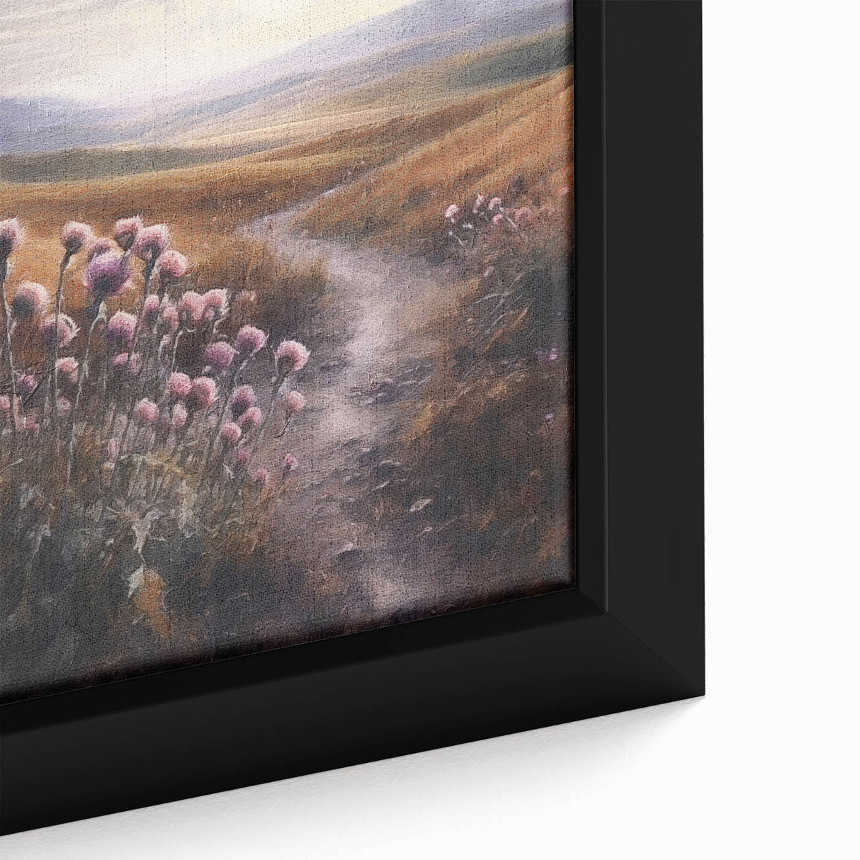 Close-up of a framed landscape wall art canvas depicting serene countryside scenery, featuring lush green fields, a vibrant blue sky, and soft white clouds, perfect for home decor.