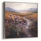 Framed canvas wall art showcasing a serene countryside landscape with vibrant greens and soft blues, elegantly bordered in silver for a modern touch.