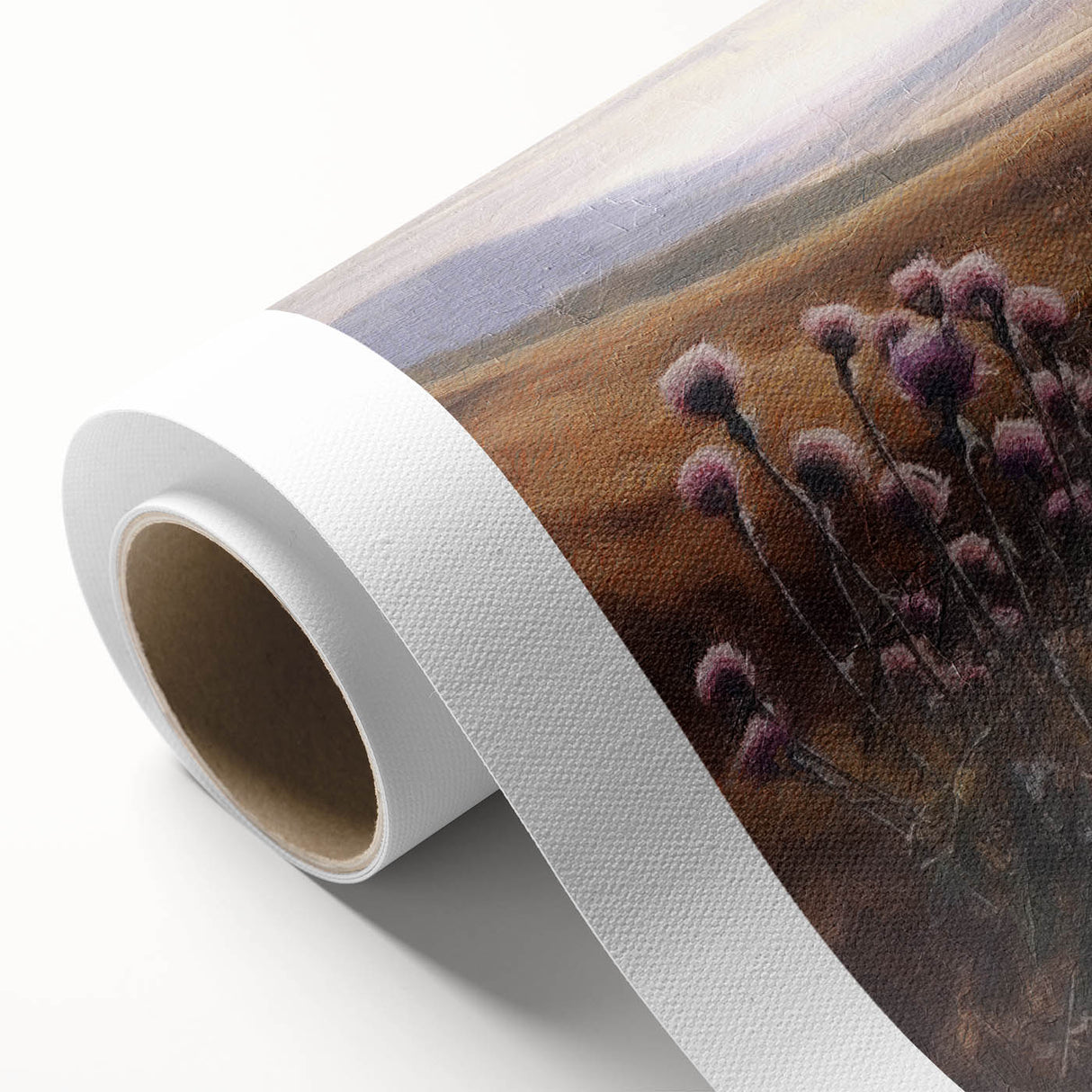 Landscape wall art featuring a serene countryside scene with rolling green hills, a vibrant blue sky, and soft white clouds, printed on rolled canvas for easy display.