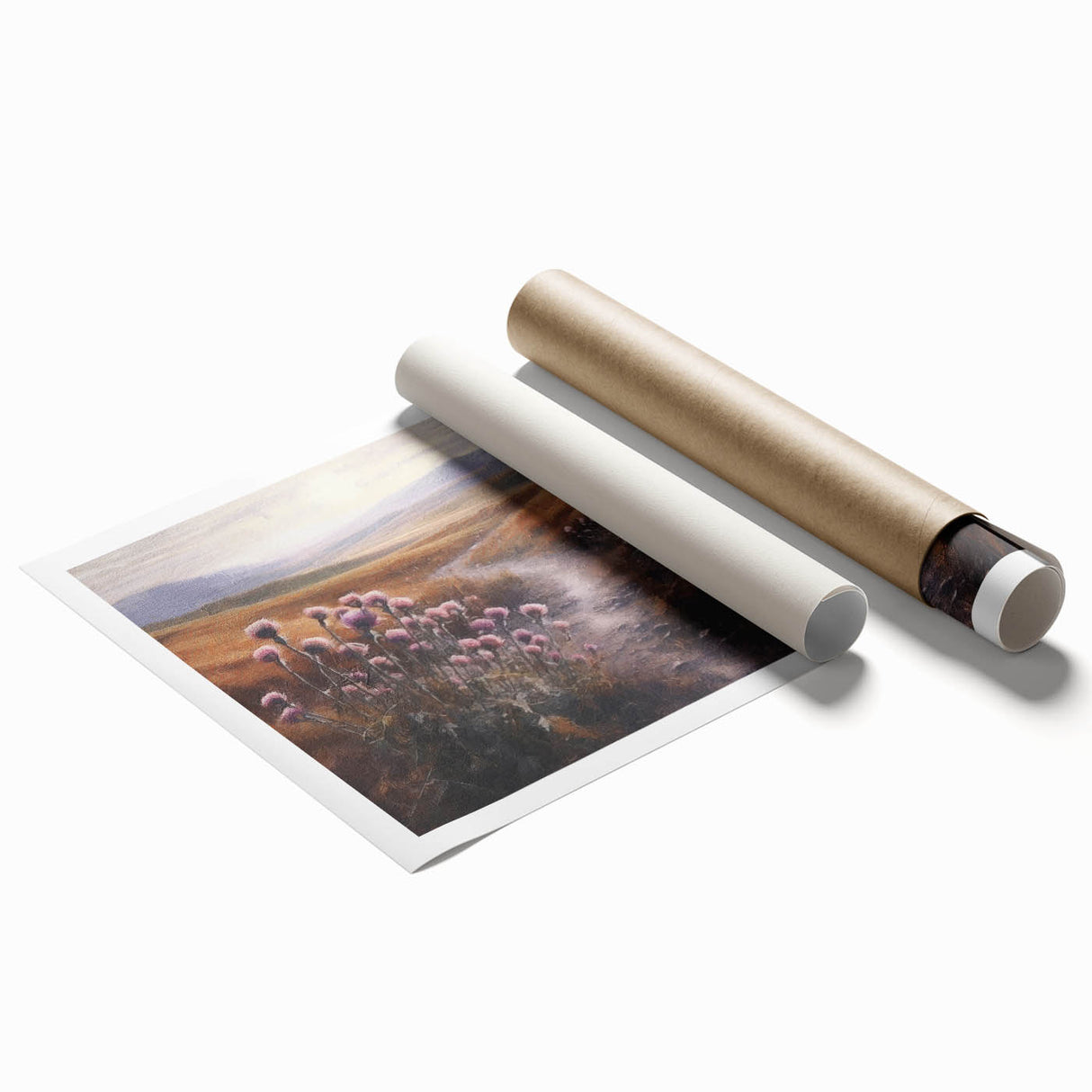 Stunning landscape wall art print showcasing a serene countryside scene with rolling hills and vibrant greenery, rolled and ready for display in a durable tube.