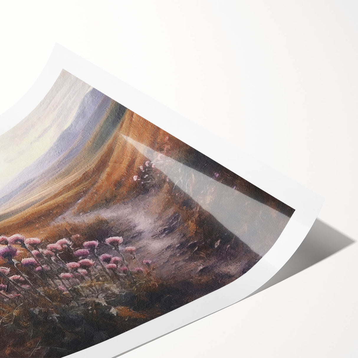 Landscape wall art print depicting a serene countryside scene with lush green fields and a blue sky, rolled and ready for framing, perfect for home decor.