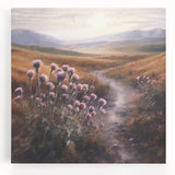 Stretched canvas wall art depicting a serene countryside landscape, showcasing rolling hills, vibrant greenery, and a clear blue sky, perfect for home decor.