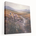 Stretched canvas wall art showcasing a serene countryside landscape with vibrant greens and soft blue skies, ideal for home decor and nature enthusiasts.