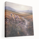 Stretched canvas wall art showcasing a serene countryside landscape with vibrant greens and soft blue skies, ideal for home decor and nature enthusiasts.