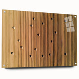 Acrylic glass artwork showcasing a serene countryside landscape with vibrant green fields and a clear blue sky, displayed from a side view with decorative pins.