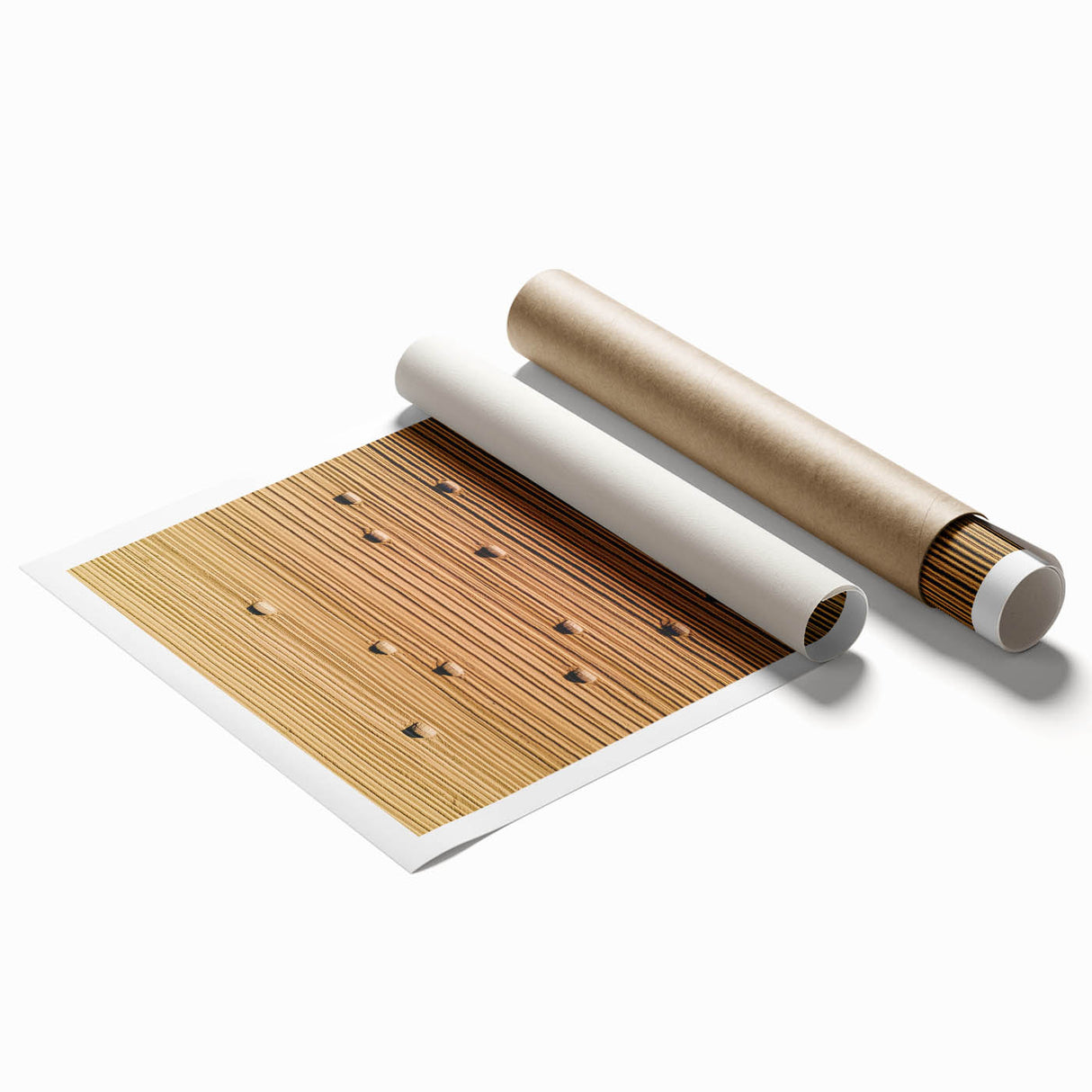 Rolled canvas print showcasing a serene countryside landscape with rolling hills, lush greenery, and a vibrant sky, elegantly packaged in a protective tube for safe delivery.