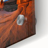 Close-up of a vibrant desert landscape acrylic glass artwork, showcasing warm hues of orange and yellow with intricate details, perfect for home decor.