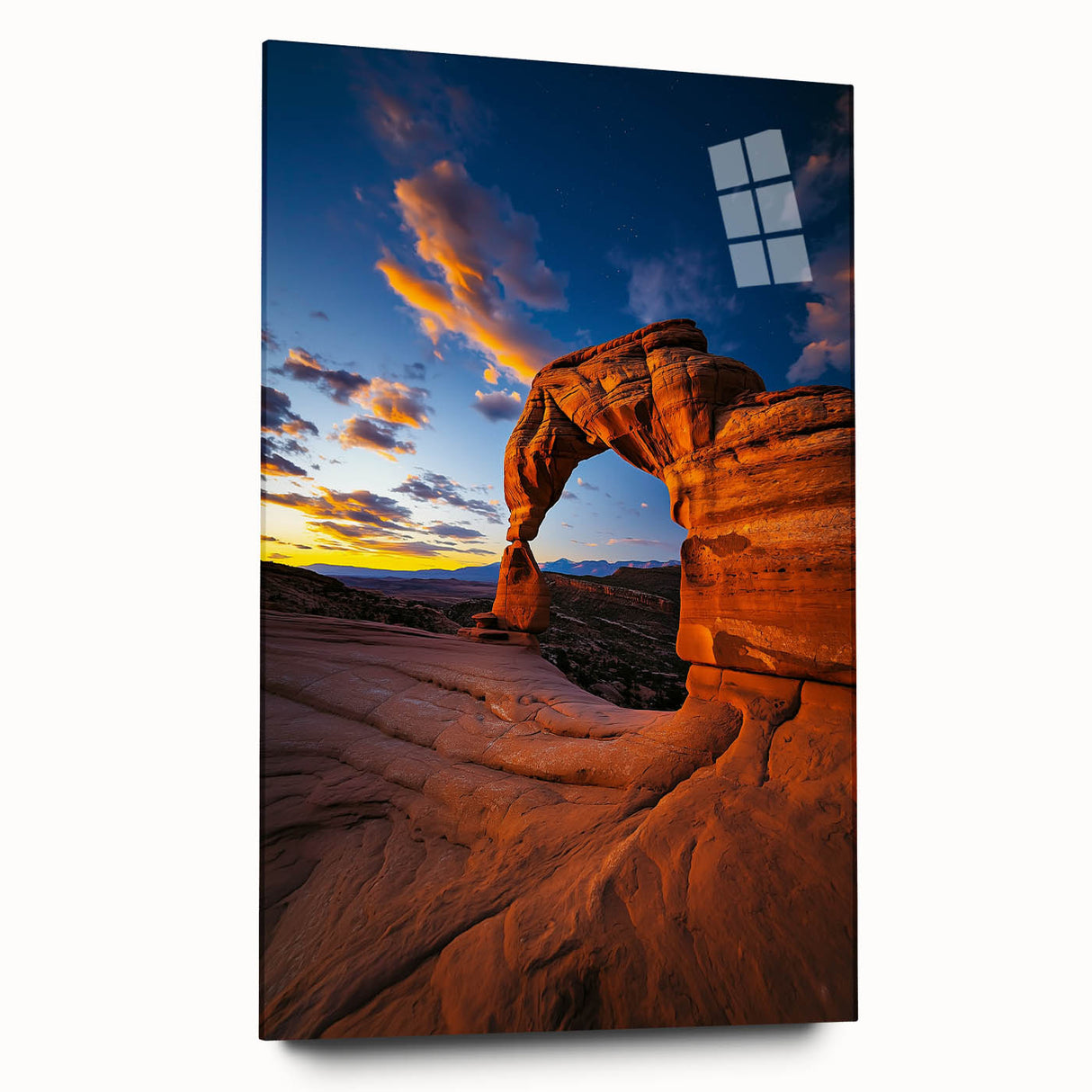 Acrylic landscape artwork showcasing a vibrant desert scene, featuring warm hues of orange and yellow, set against a sleek glass frame for a modern touch.