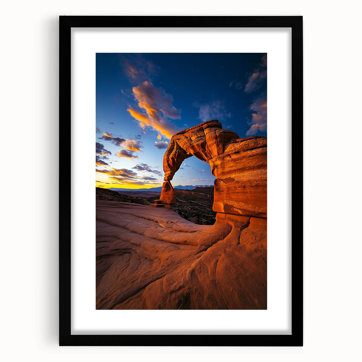 Desert landscape framed artwork in a sleek black frame with a white mat, showcasing vibrant hues of orange and yellow sunset over sand dunes, perfect for home decor.