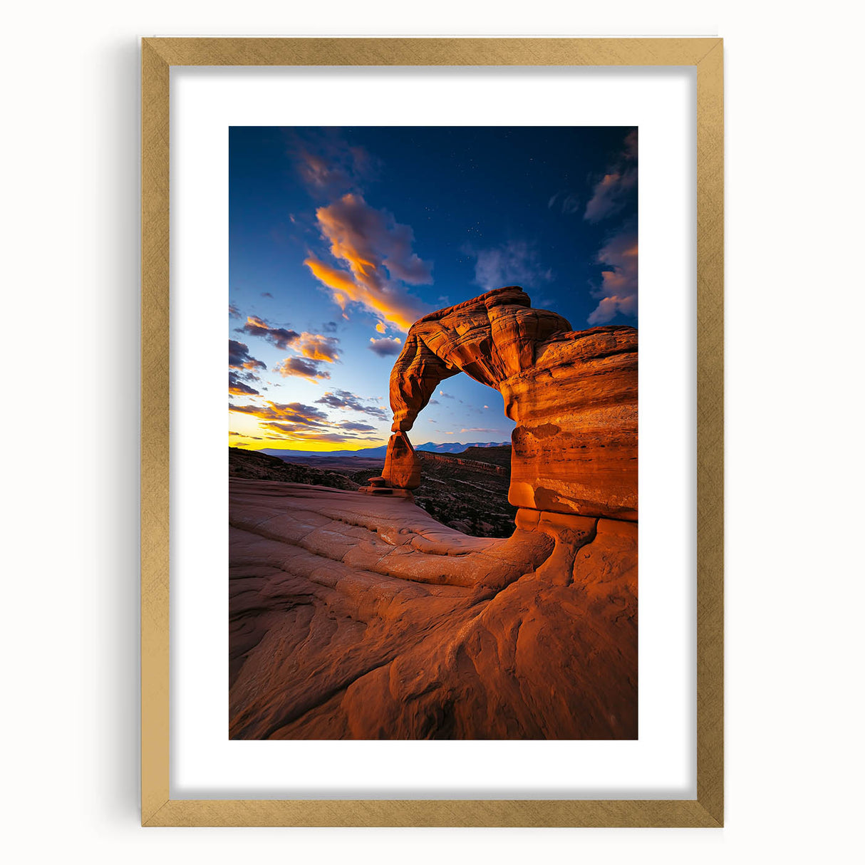 Desert landscape framed art piece featuring a gold mat, showcasing warm earthy tones and intricate details, perfect for enhancing home decor aesthetics.