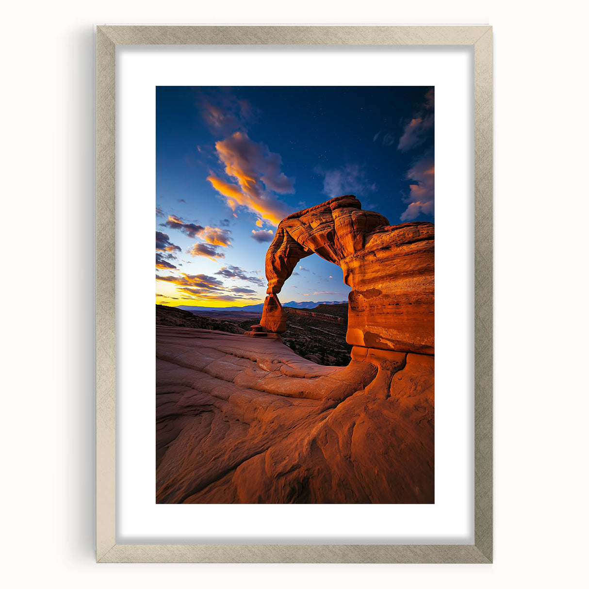 Framed desert landscape artwork with a silver mat, showcasing vibrant colors and intricate details, perfect for enhancing modern home decor.