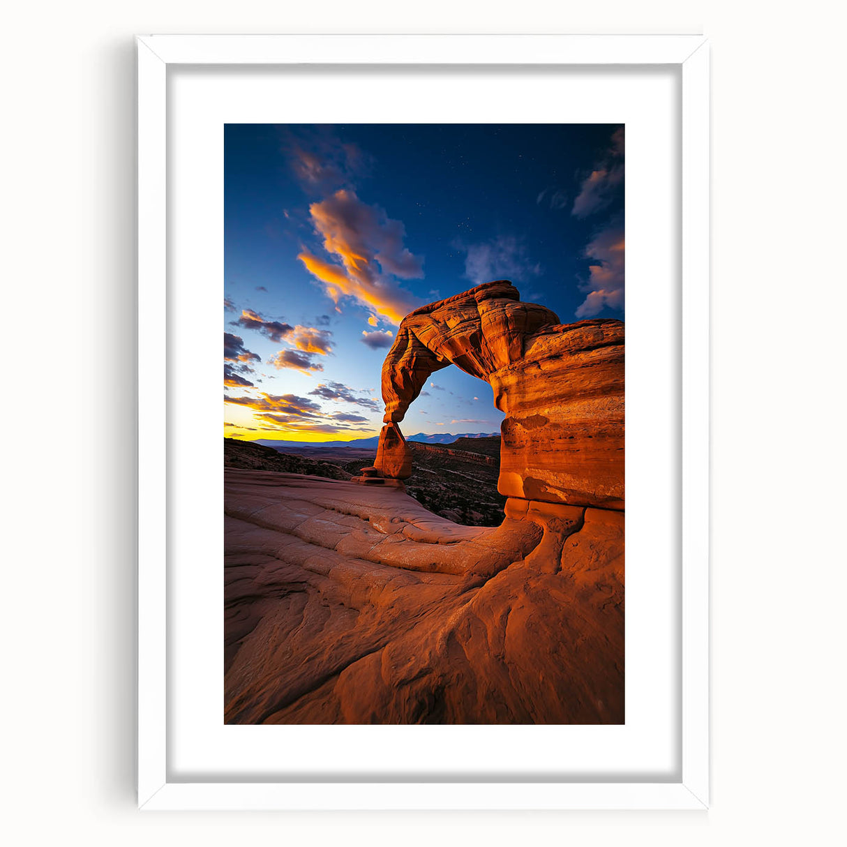 Desert landscape framed art print showcasing a serene sunset with warm orange and pink hues, set in a sleek white mat, perfect for home décor.
