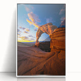 Framed acrylic artwork depicting a stunning desert landscape with vibrant colors and intricate details, set against a sleek white frame, perfect for modern decor.