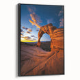 Framed canvas print of a stunning desert landscape featuring warm tones of orange and yellow, showcasing a serene sunset over sand dunes, ideal for home decor.