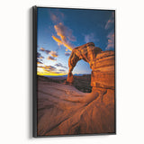 Framed canvas print of a stunning desert landscape featuring warm tones of orange and yellow, showcasing a serene sunset over sand dunes, ideal for home decor.