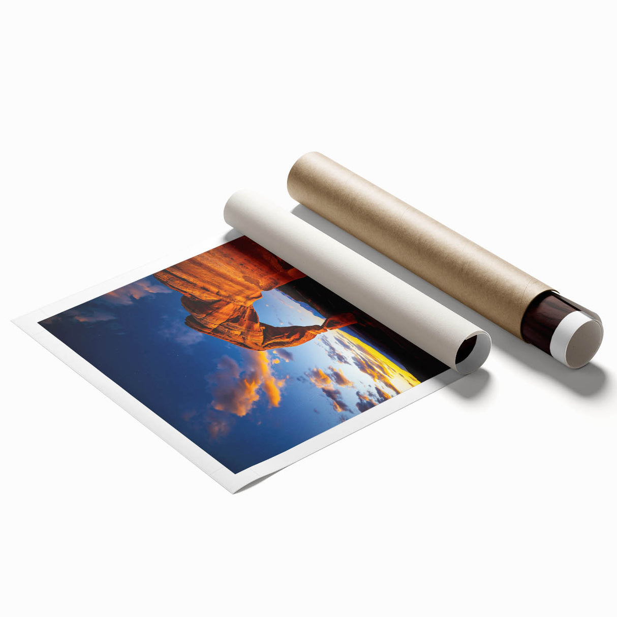 Desert landscape rolled canvas print showcasing warm hues of orange and yellow, featuring rolling dunes and a serene sky, packaged securely in a protective tube.
