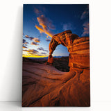 Desert landscape stretched canvas print showcasing vibrant hues of orange and yellow, perfect for enhancing home decor with a warm, tranquil ambiance. Ideal for art lovers seeking a serene desert aesthetic.