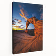 Desert landscape stretched canvas artwork displaying vibrant colors and intricate details, showcasing a serene sunset over sand dunes, perfect for home decor.