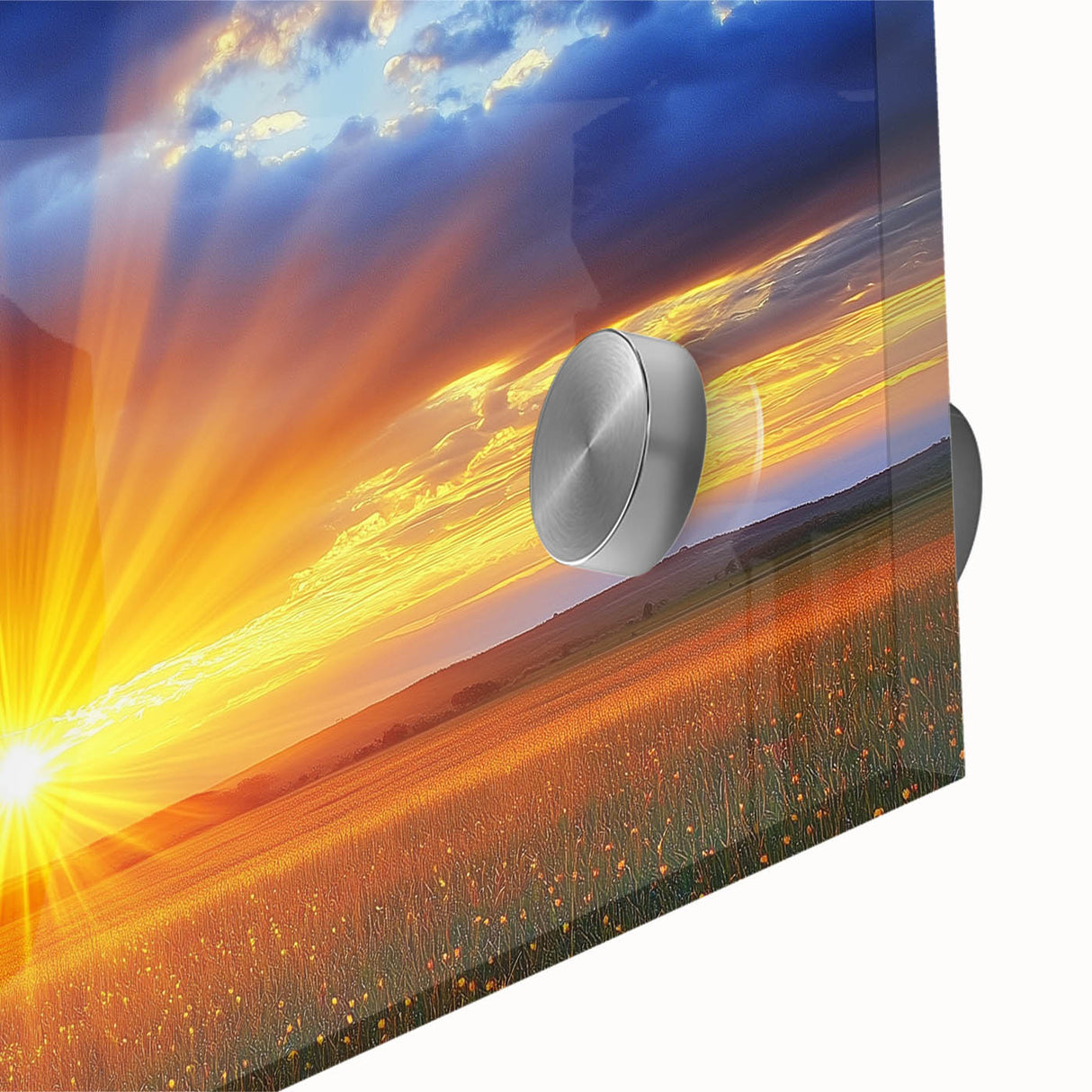 Close-up of vibrant acrylic landscape artwork depicting colorful fields under a bright sky, showcasing rich textures and vivid hues ideal for home decor.