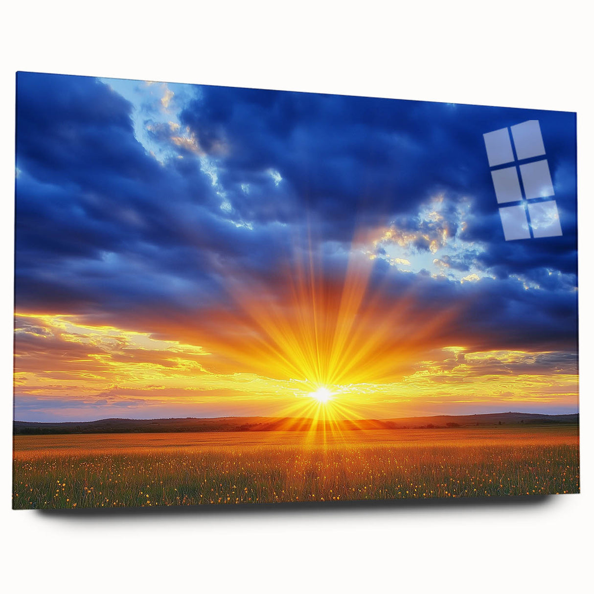 Acrylic glass artwork showcasing a vibrant landscape field scene, highlighted in rich green and golden hues, designed for modern home decor, viewed from the side without pins.