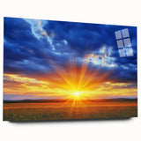 Acrylic glass artwork showcasing a vibrant landscape field scene, highlighted in rich green and golden hues, designed for modern home decor, viewed from the side without pins.