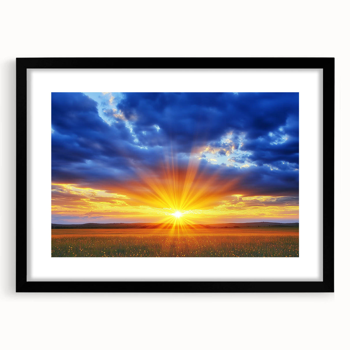 Black framed landscape artwork featuring vibrant fields and a mat border, displayed from the front view, ideal for modern home decor and interior design.