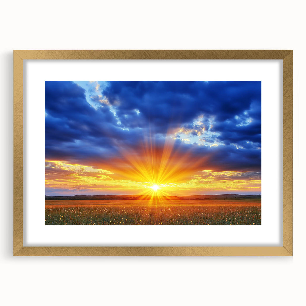 Elegant gold-framed landscape artwork featuring lush green fields and a serene sky, designed with a mat for added depth, perfect for enhancing home decor.
