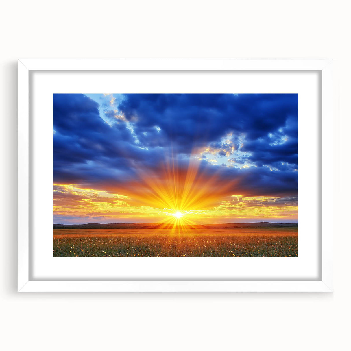 White-framed landscape art featuring vibrant green fields and a clear blue sky, elegantly matted for a polished look, perfect for home decor or office settings.