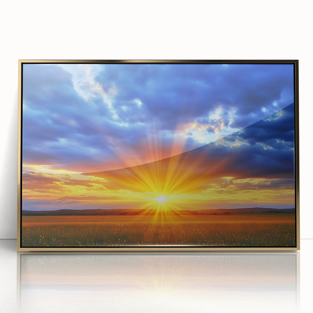 Framed acrylic artwork featuring a vibrant landscape with golden fields, showcasing rich colors and intricate details, ideal for home decor or office spaces.