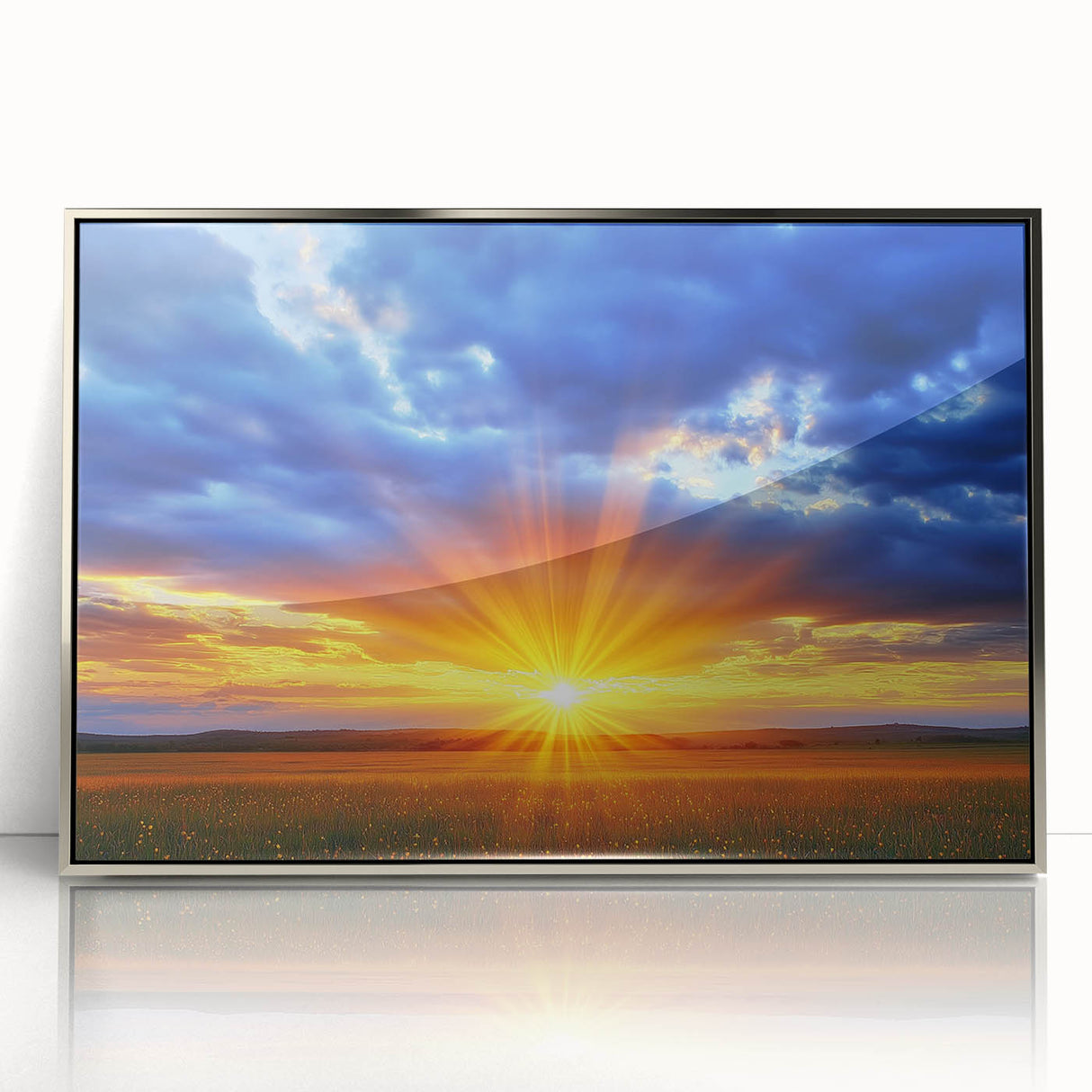 Framed acrylic artwork showcasing a vibrant landscape scene with lush green fields and a serene sky, perfect for enhancing any modern interior decor.