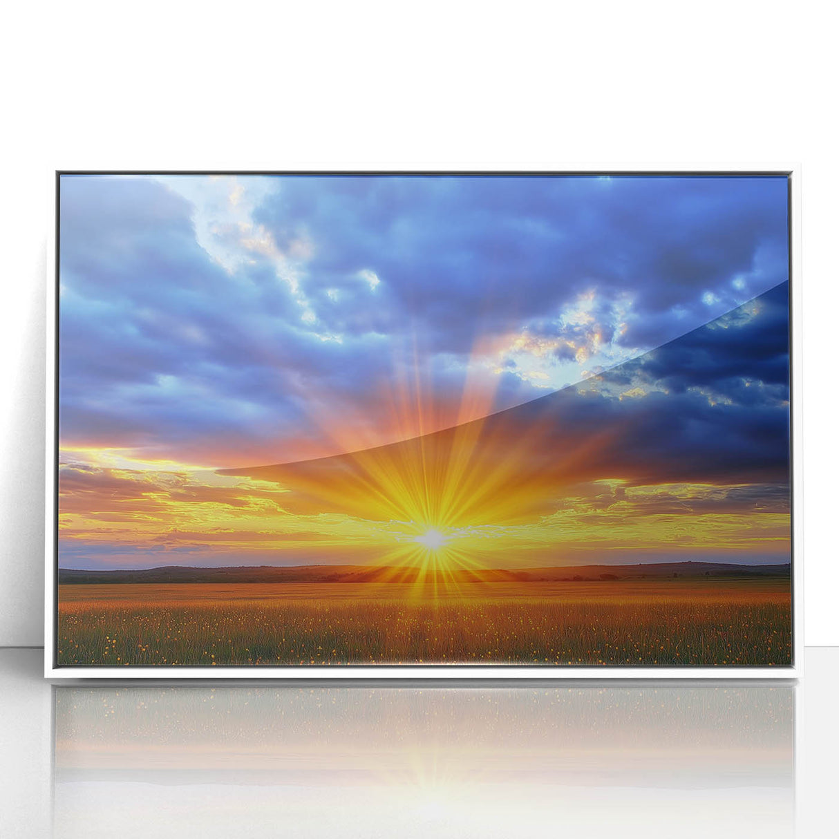 Framed acrylic artwork showcasing vibrant landscapes with lush green fields and a clear blue sky, presented in a sleek white frame, ideal for home decor.