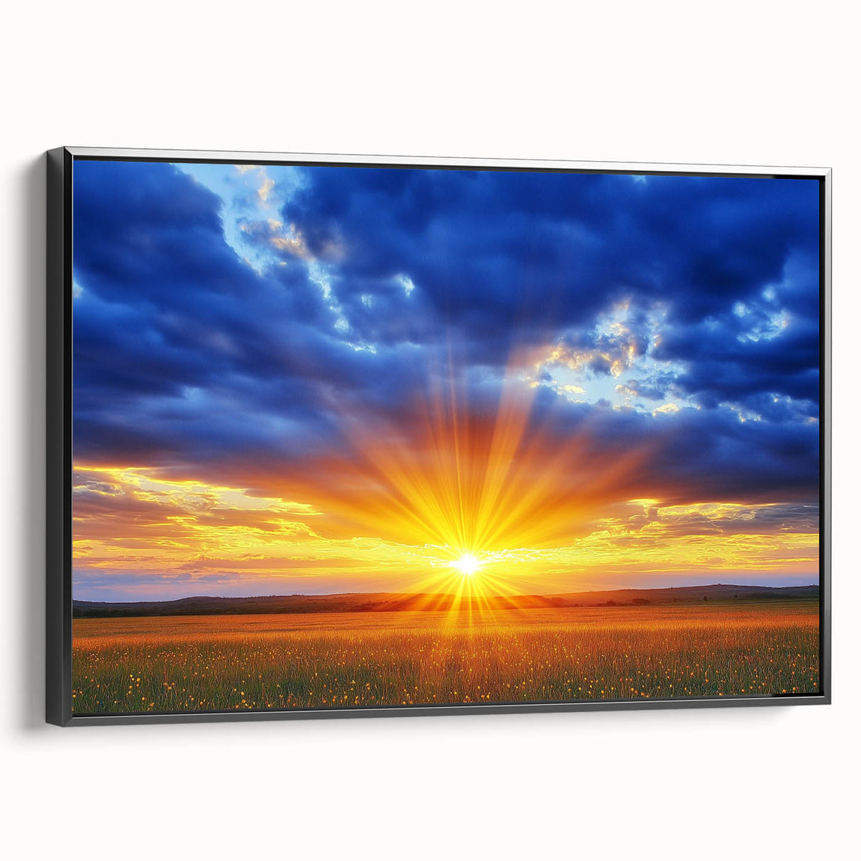 Framed canvas artwork depicting a serene landscape of rolling fields, showcasing vibrant greens and golden hues, set against a sleek black frame for modern décor.