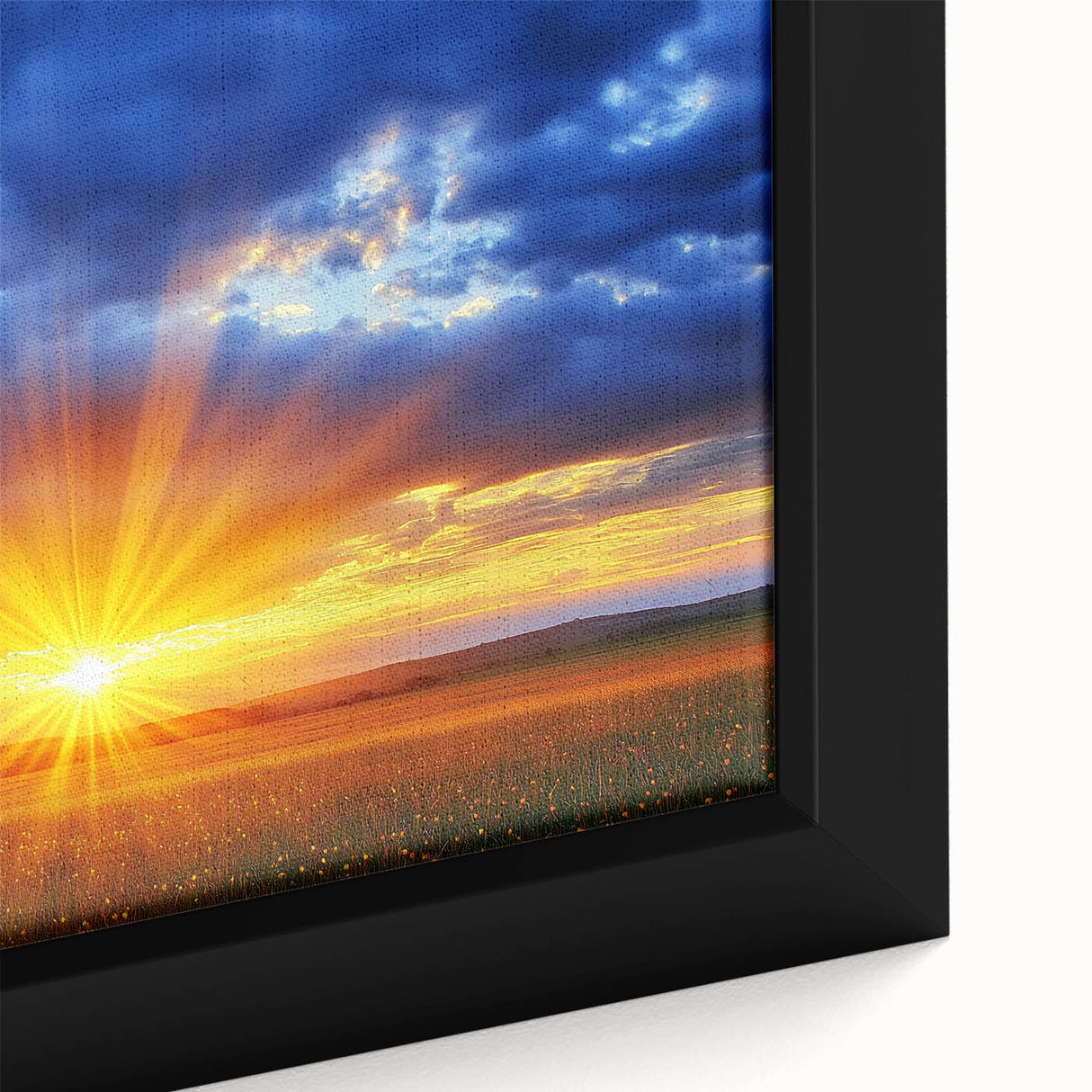 Close-up of a framed canvas artwork depicting vibrant green fields under a clear blue sky, showcasing detailed textures and vivid colors, ideal for home decor.