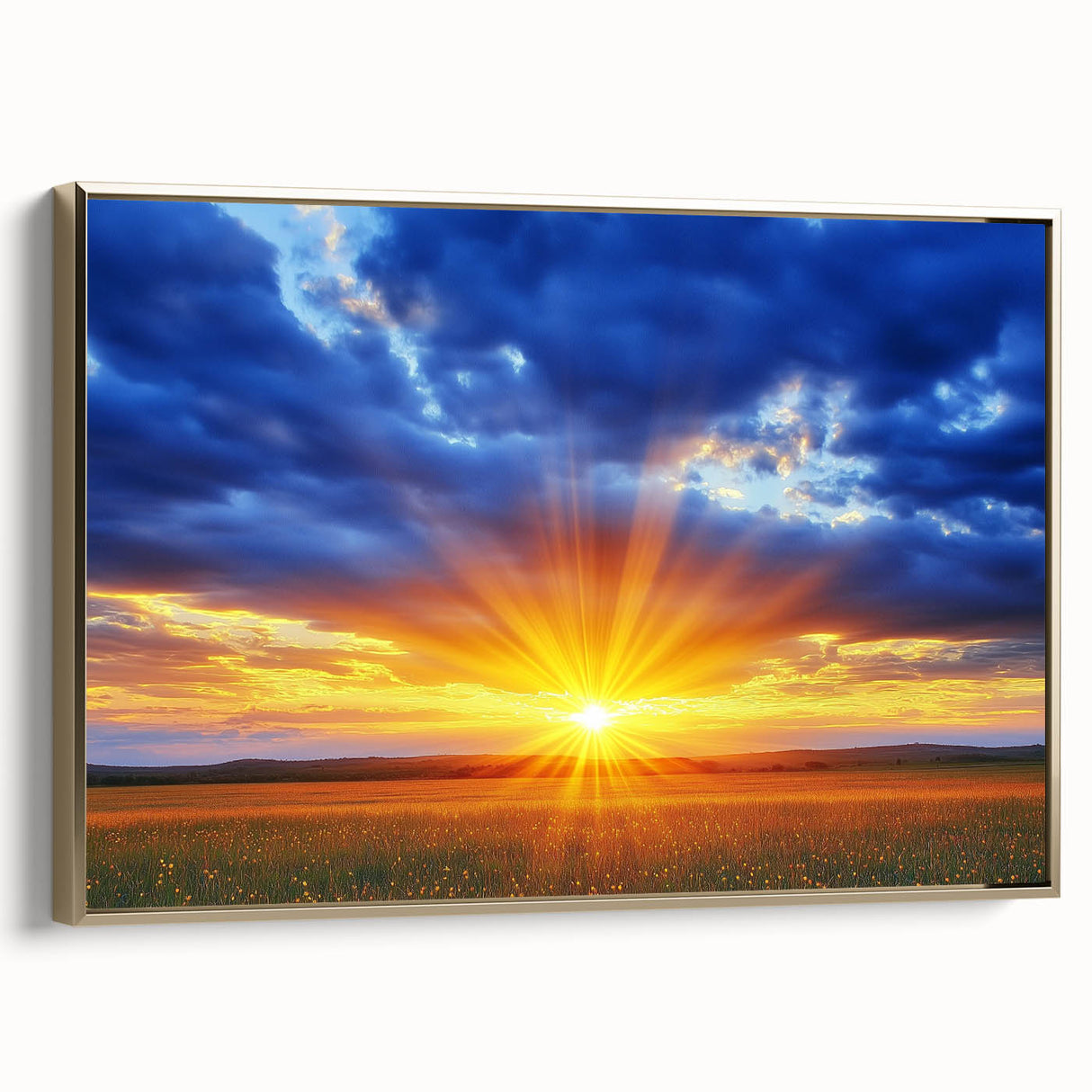 Framed canvas artwork depicting a serene landscape with golden hues, showcasing rolling fields and a side view that highlights its elegant frame, perfect for home decor.