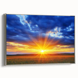 Framed canvas artwork showcasing a serene landscape of rolling fields, elegantly presented with a silver frame, perfect for enhancing home decor aesthetics.
