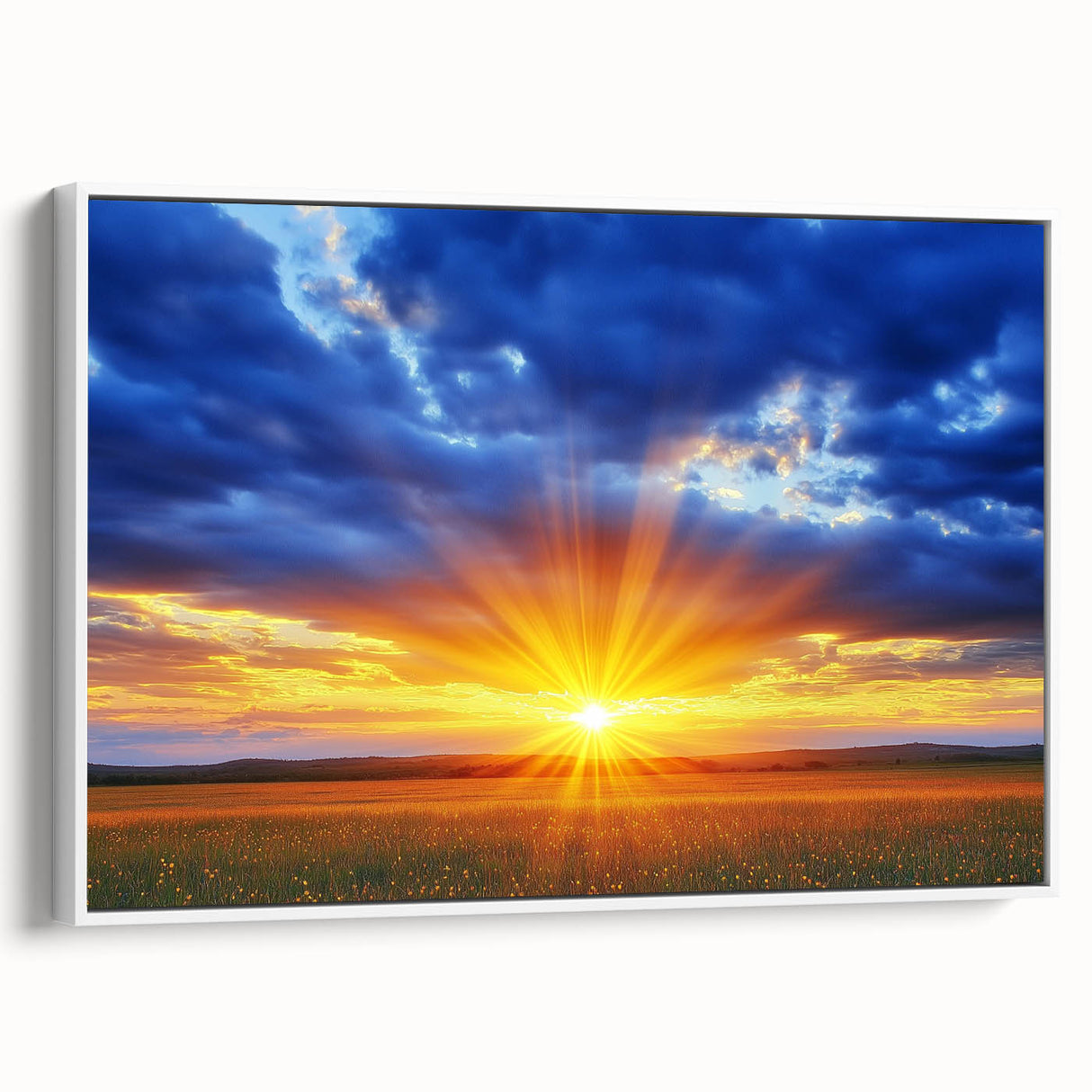 Framed canvas artwork showcasing a serene landscape of rolling fields under a clear sky, featuring soft green and golden hues, perfect for home decor.