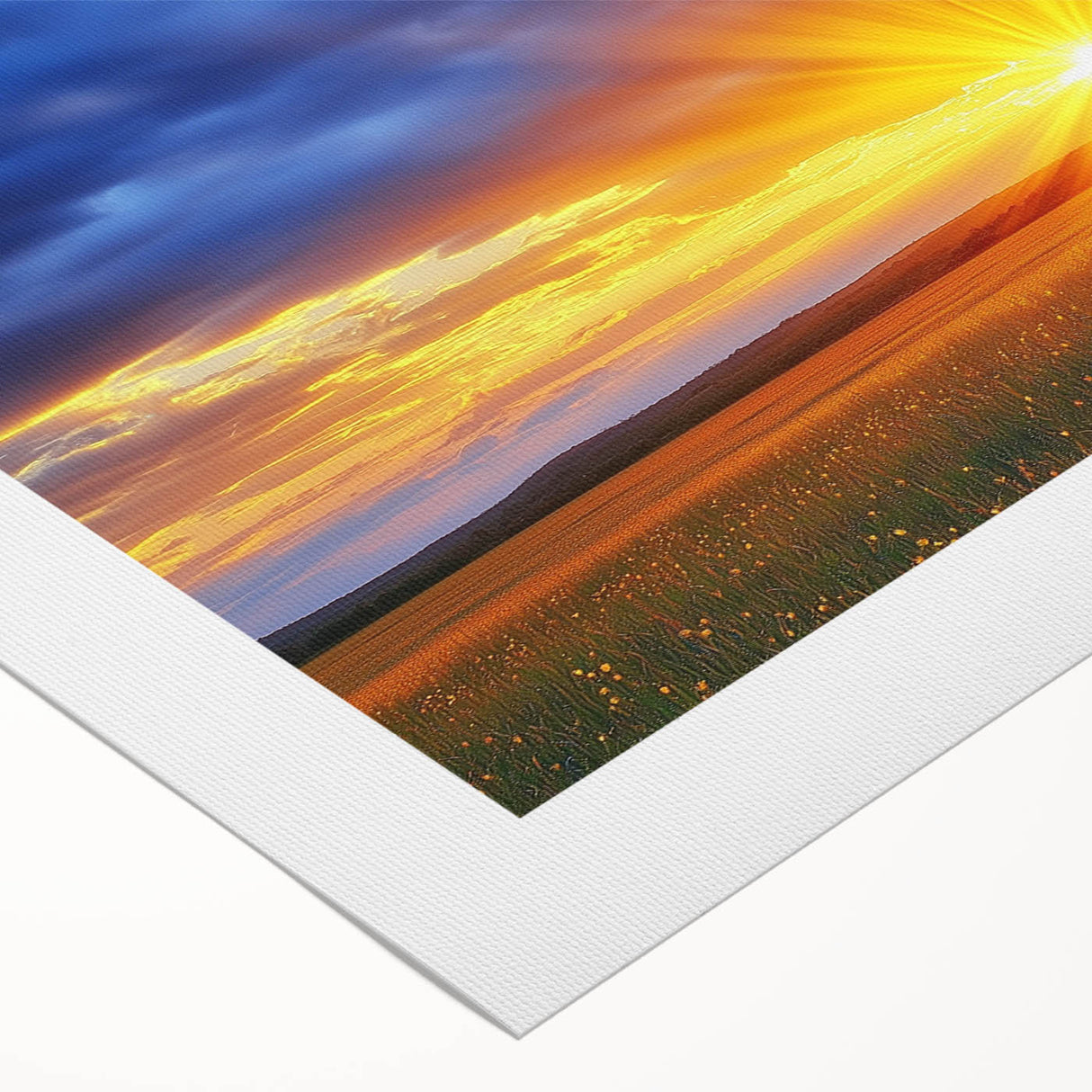 Vibrant rolled canvas artwork depicting lush green fields under a clear blue sky, showcasing serene landscapes perfect for home decor or art collection.