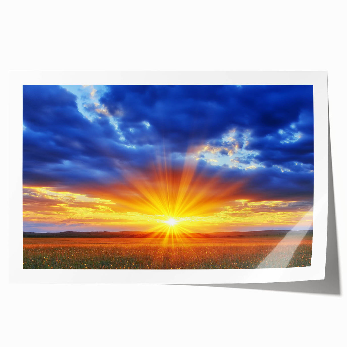 Vibrant rolled canvas print showcasing a serene landscape with lush green fields and a clear blue sky, expertly packaged in a protective cardboard tube for easy shipping.